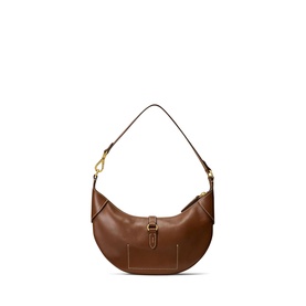 Polo Ralph Lauren shoulder bag in Cuoio brown leather, gold-tone buckle detail, single top handle, crescent silhouette