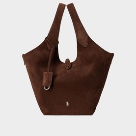 Polo Ralph Lauren Cafe suede tote bag with double top handles, D-ring detail, and embroidered pony logo