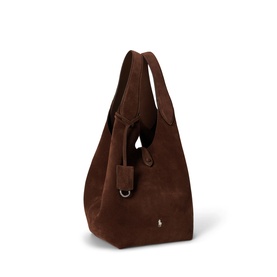 Polo Ralph Lauren Cafe suede tote bag with single top handle, D-ring charm detail, and gold-tone logo, structured hobo silhouette