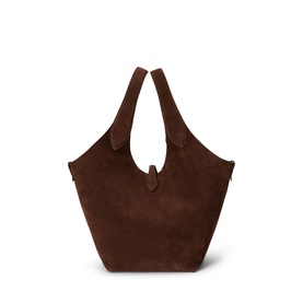 Polo Ralph Lauren tote bag in cafe brown suede, twin top handles, open top, no visible hardware