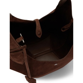 Polo Ralph Lauren Cafe suede tote bag, open top view showing interior, with adjustable buckle strap detail and silver hardware