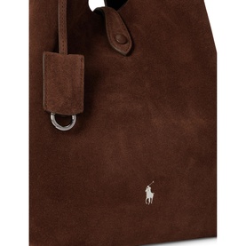 Polo Ralph Lauren Cafe suede tote bag, close-up showing embroidered polo pony logo, silver D-ring and tab fastening detail