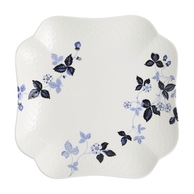 Wedgwood Wild Strawberry Inky Blue Platter 27cm, white bone china with blue and black botanical berry leaf pattern, scalloped edge