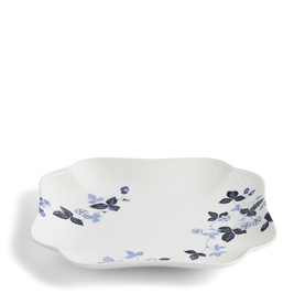 Wedgwood Wild Strawberry Inky Blue Platter 27cm, white bone china with scalloped edge and blue floral botanical print