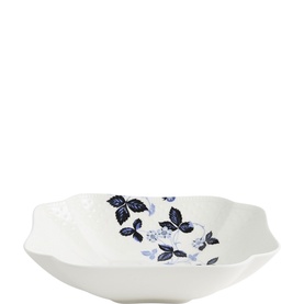 Wedgwood Wild Strawberry Inky Blue Shallow Bowl 23cm, white bone china with navy blue botanical leaf and floral motif pattern