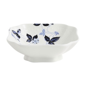 Wedgwood Wild Strawberry Inky Blue Small Bowl 14cm, white bone china with blue botanical leaf and floral print, scalloped edge