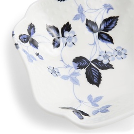 Wedgwood Wild Strawberry Inky Blue Small Bowl 14cm, white bone china with blue and dark botanical leaf and floral print, scalloped rim