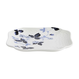 Wedgwood Wild Strawberry Inky Blue Small Dish 14cm, white bone china with blue and navy floral leaf print, scalloped edges