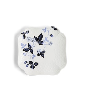 Wedgwood Wild Strawberry Inky Blue Small Dish 14cm, white bone china with navy blue floral and leaf print, scalloped edge