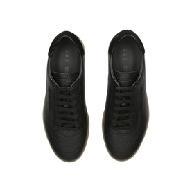 Ermenegildo Zegna black leather lace-up trainers, overhead view showing tonal black sole and clean minimalist toe box.