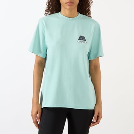 Model wearing Adanola Logo Graphic Oversized T-Shirt in Ocean Blue with Midnight Blue chest logo, round neck and short sleeves.