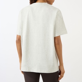 Model wearing Adanola Logo Graphic Oversized T-Shirt in Light Grey Melange, back view, round neck, short sleeves, straight hemline.