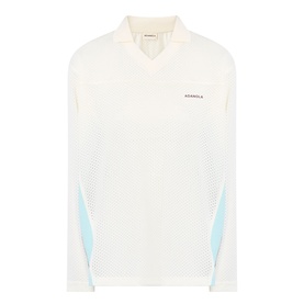 Adanola Marshmellow White long-sleeve top with V-neck, chest logo, and light blue mesh side panel inserts