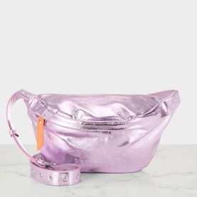 Anxious Preoccupied lilac and purple metallic crossbody bag with orange zip pull, silver-tone hardware, and studded adjustable strap
