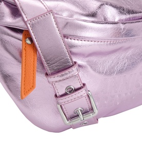 Anxious Preoccupied crossbody bag in lilac metallic finish, silver buckle hardware, orange lining detail visible on adjustable strap