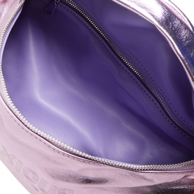 Anxious Preoccupied lilac metallic crossbody bag interior, showing purple lining and zip pocket detail.