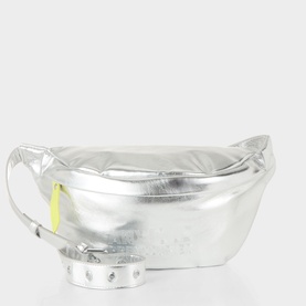 Anxious Preoccupied The Oversized Belt Bag in silver metallic finish with lime green zip pull, adjustable strap and gold-tone hardware