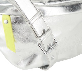 Anxious Preoccupied The Oversized Belt Bag in silver metallic with lime green contrast detail, silver-tone buckle strap fastening visible