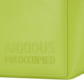 Anxious Preoccupied The Organizer Bag Insert in lime green polyurethane, close-up showing embossed logo detail and structured upright form