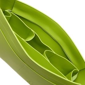 Anxious Preoccupied The Organizer Bag Insert in lime green, open top view showing multiple interior divider pockets, structured upright design