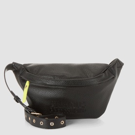Anxious Preoccupied The Oversized Belt Bag in black faux grain leather with turquoise zip pull, gold-tone hardware and adjustable studded strap