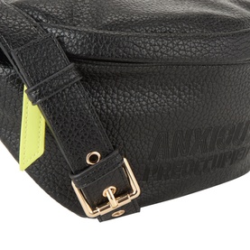 Anxious Preoccupied The Oversized Belt Bag in black faux grained exterior, gold-tone buckle and adjustable strap, with turquoise contrast detail.