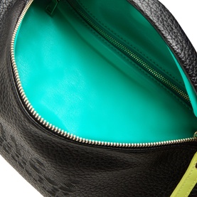 Anxious Preoccupied The Oversized Belt Bag in Black & Turquoise, open view showing turquoise contrast lining, gold-tone zip hardware and logo detail.
