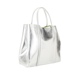 Anxious Preoccupied The Oversized Logo Tote Bag in silver metallic with lime green interior, dual shoulder straps and accordion sides
