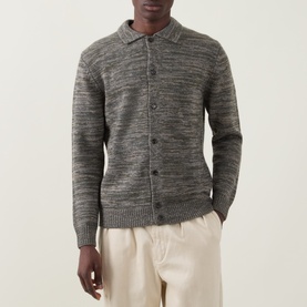 Model wearing Aspesi Textured Knitted Polo Cardigan in Military, button-front with polo collar and ribbed trims, styled with cream trousers.