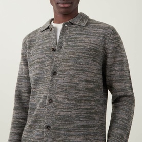 Model wearing Aspesi Textured Knitted Polo Cardigan in Military, featuring button fastening and polo collar, styled over a white tee.