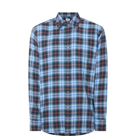 Aspesi sky blue tartan check cotton casual shirt with button-down collar and chest pocket