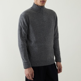 Model wearing Aspesi Solid Half-Zip Sweater in grey wool-yak-cashmere blend with funnel neck and ribbed trims, styled with black trousers