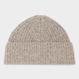 Aspesi Rib-Knit Beanie Hat in dove grey wool with ribbed texture and turn-up hem, laid flat on white background.