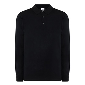 Aspesi Solid Knitted Polo Shirt in black, 100% wool, polo collar, buttoned neckline, long sleeves, ribbed trims, straight hem.