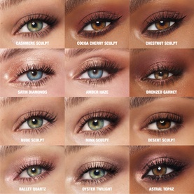 Charlotte Tilbury Eyeshadow shade grid showing 12 eye looks including Oyster Twilight, featuring blended sculpted and shimmer finishes