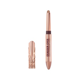 Charlotte Tilbury Exagger-Eyes Eyeshadow Stick in Cashmere Sculpt, rose gold barrel with nude-brown shadow tip, cap shown separately