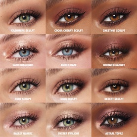 Charlotte Tilbury eye shadow palette swatch grid showing 12 shades including Cashmere Sculpt, Cocoa Cherry, Chestnut, Amber Haze and more on models