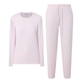 Gingerlilly Ellie Lightweight Velour Cable Knit Pyjama Set in Ellie Pink, round neckline long-sleeve top and drawstring jogger trousers