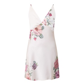 Gingerlilly Piper Floral Satin Night Dress in Ivory, deep V-neck, adjustable straps, flared mini skirt with pink floral print, satin finish