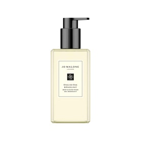 Jo Malone English Oak & Hazelnut Body & Hand Wash in a clear glass pump bottle with black cap