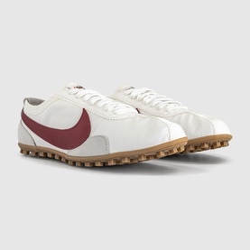 Nike Moon Shoe Trainers in summit white with crimson leather Swoosh, nylon upper, and textured gum waffle sole, lace-up fastening