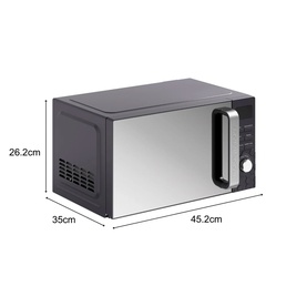 Morphy Richards Cassini 20L 800w Black Microwave with mirror-finish door and chrome handle, dimensions shown: 45.2x35x26.2cm