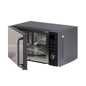 Morphy Richards Cassini 20L 800w microwave in black with door open, showing interior turntable and control dial panel