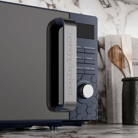Morphy Richards Cassini 20L 800w Microwave in navy, showing hexagonal control panel with dial and digital display, styled in kitchen setting.