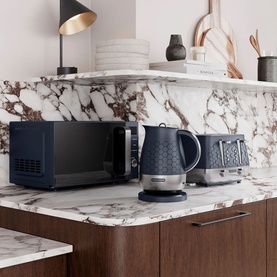 Morphy Richards Cassini Microwave 20L 800w Navy on marble kitchen worktop, styled with matching navy kettle and toaster set