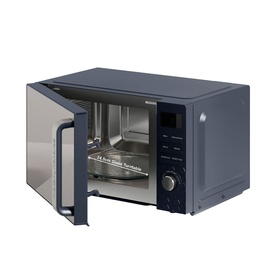 Morphy Richards Cassini 20L 800w microwave in navy, shown with door open revealing interior turntable and control dial