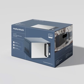 Morphy Richards Cassini Microwave 20L 800w Navy in navy blue packaging box with product lifestyle image on side.