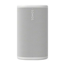 Sonos Play White portable speaker in white, compact upright design with mesh fabric grille and logo detail