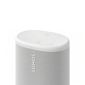 Sonos Play White portable speaker, close-up showing touch controls on top and white mesh fabric body