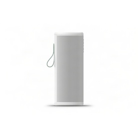 Sonos Play White portable bluetooth speaker in white with green carry loop, upright cylindrical design